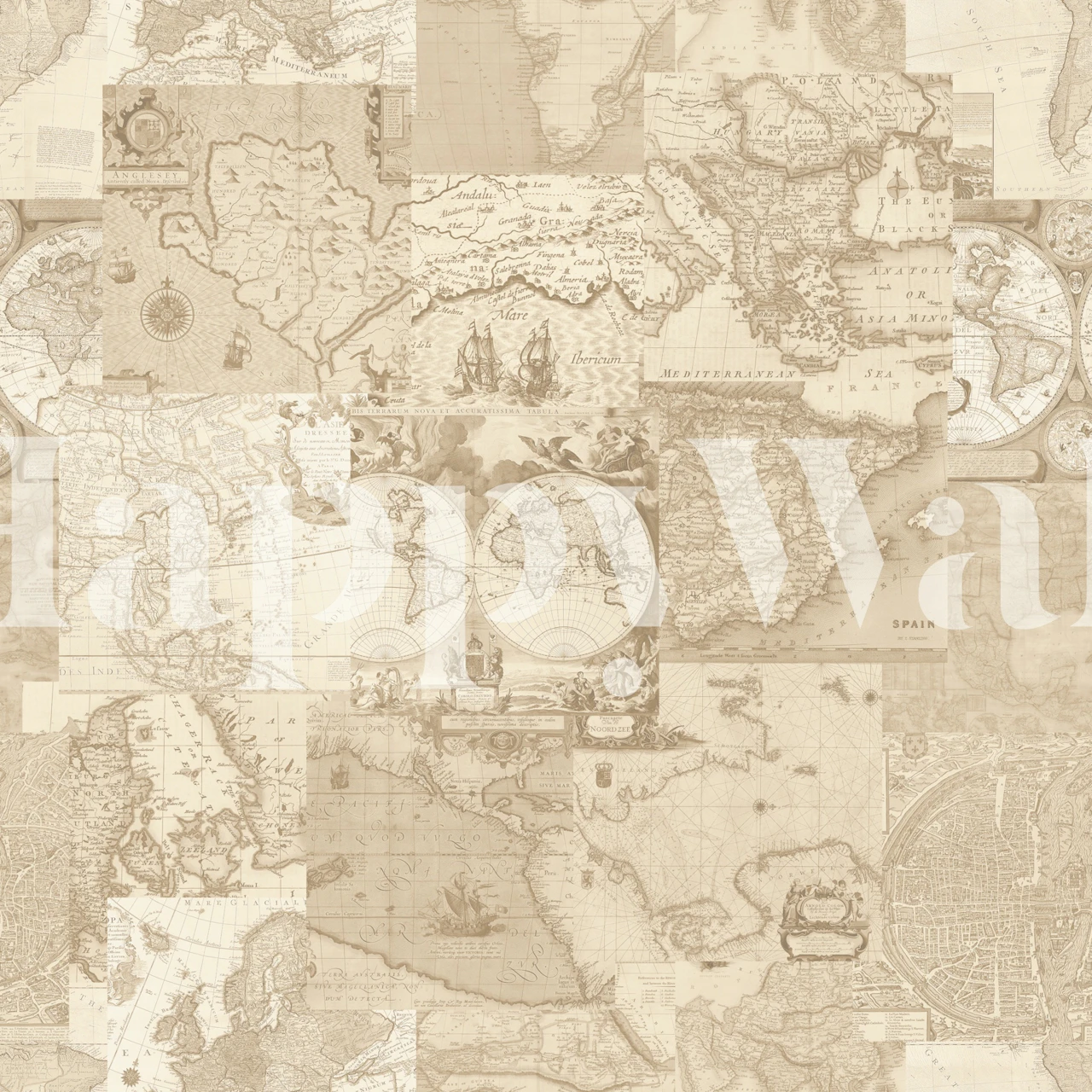 Vintage World Map Collage Sepia v místnosti
