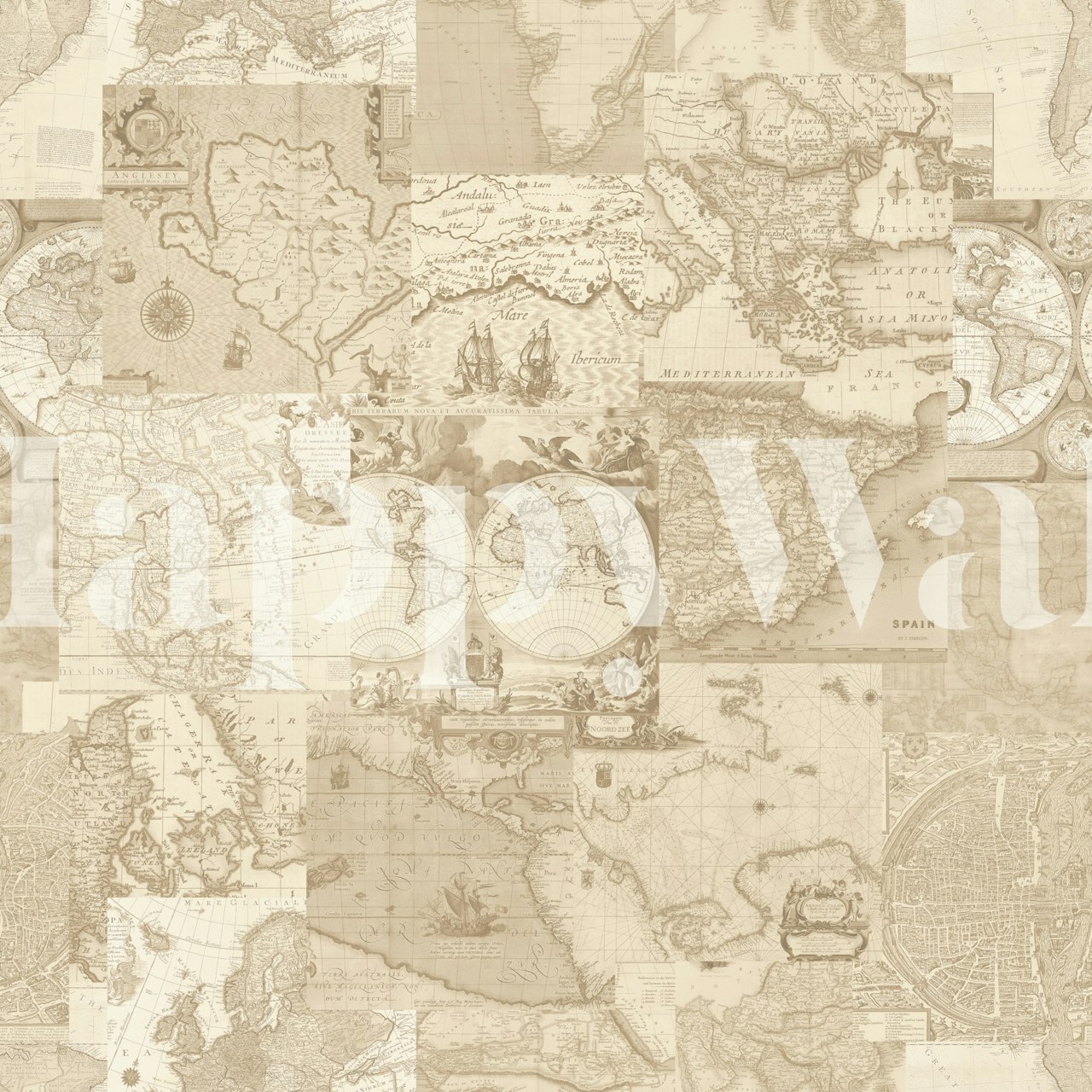 Vintage World Map Collage Sepia wallpaper in a room