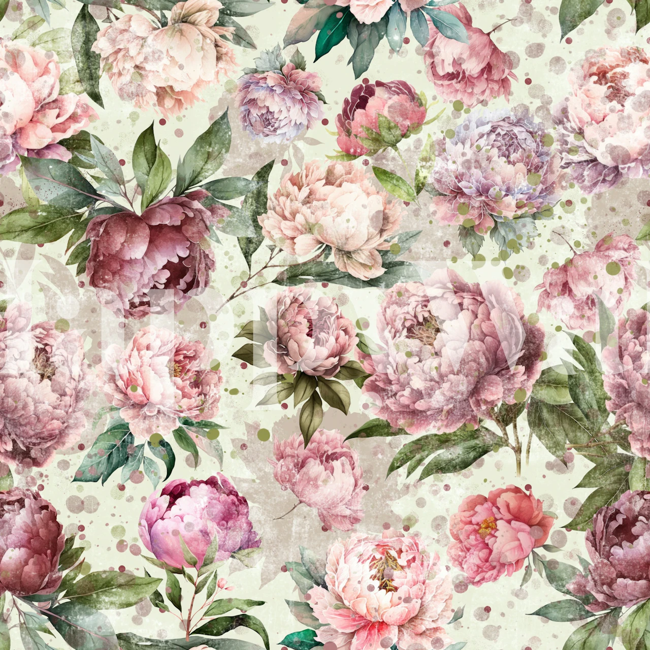 Blush peonies and green leaves wallpaper in a room