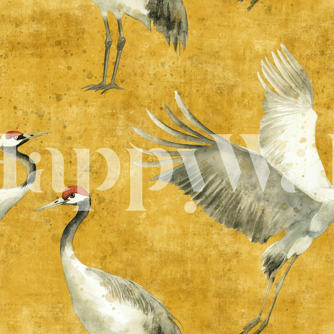 Cranes yellow wallpaper design in a room