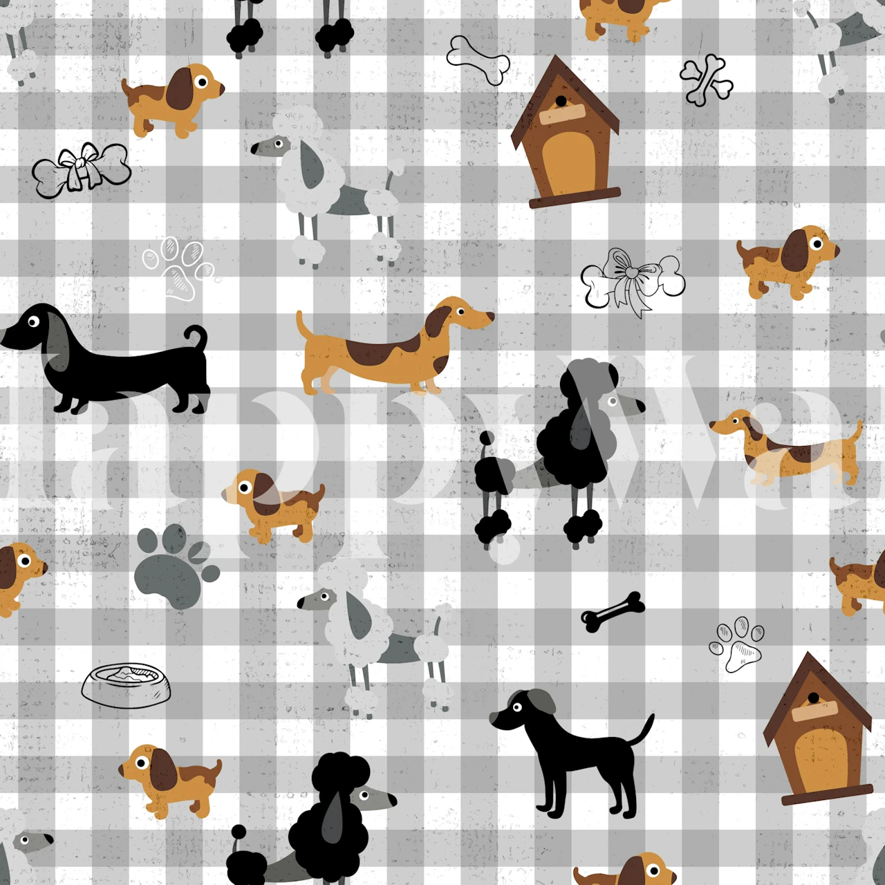 Dachshund Parade Gray Gingham wallpaper in a room