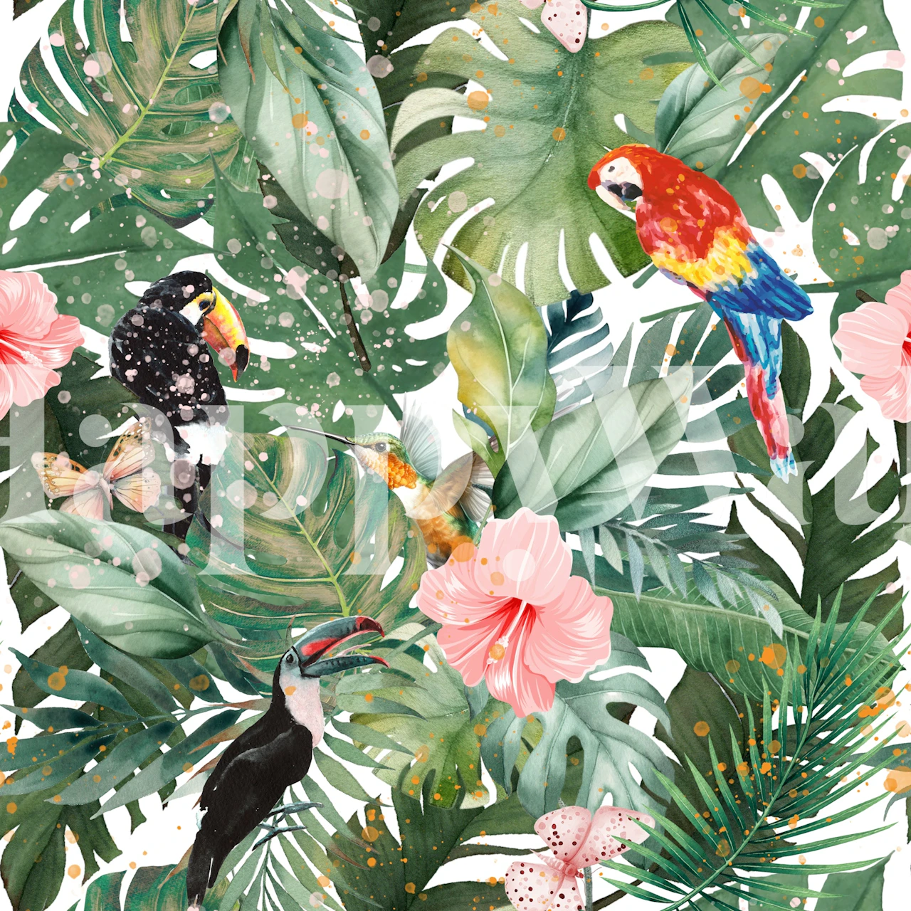 Tropical birds and monstera wallpaper in a room