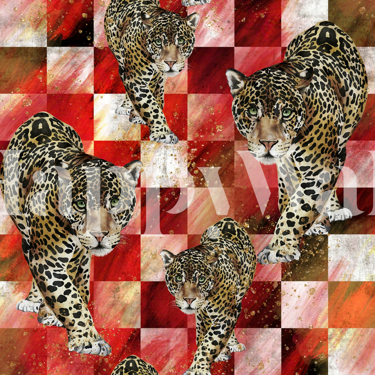 Wild Leopard Red Plaid Glam tapet într-o cameră