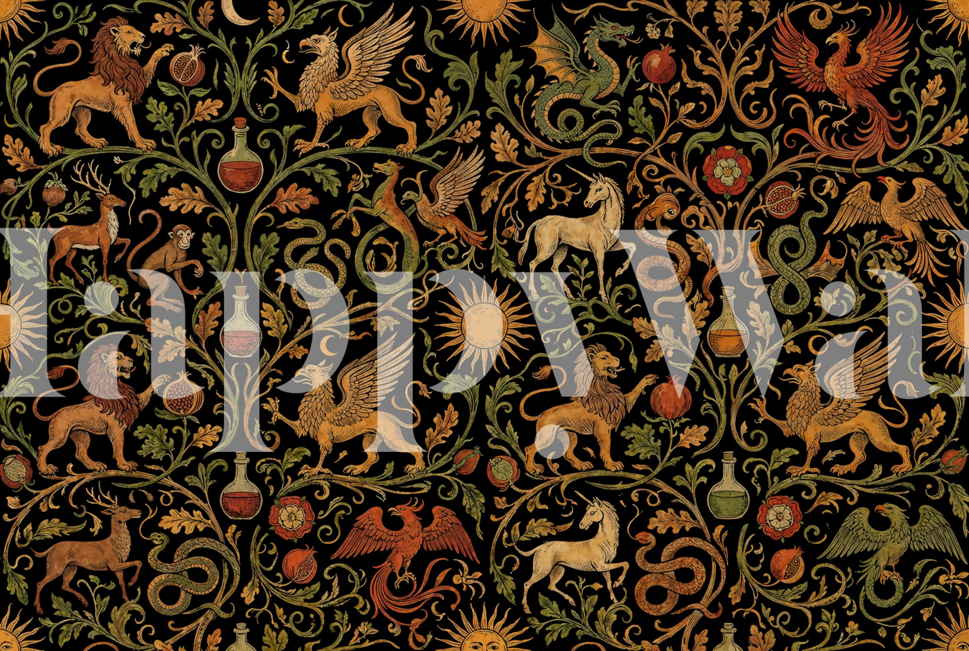 Papier peint Gothic Tapestry Creatures Mural Dragons dans une pièce