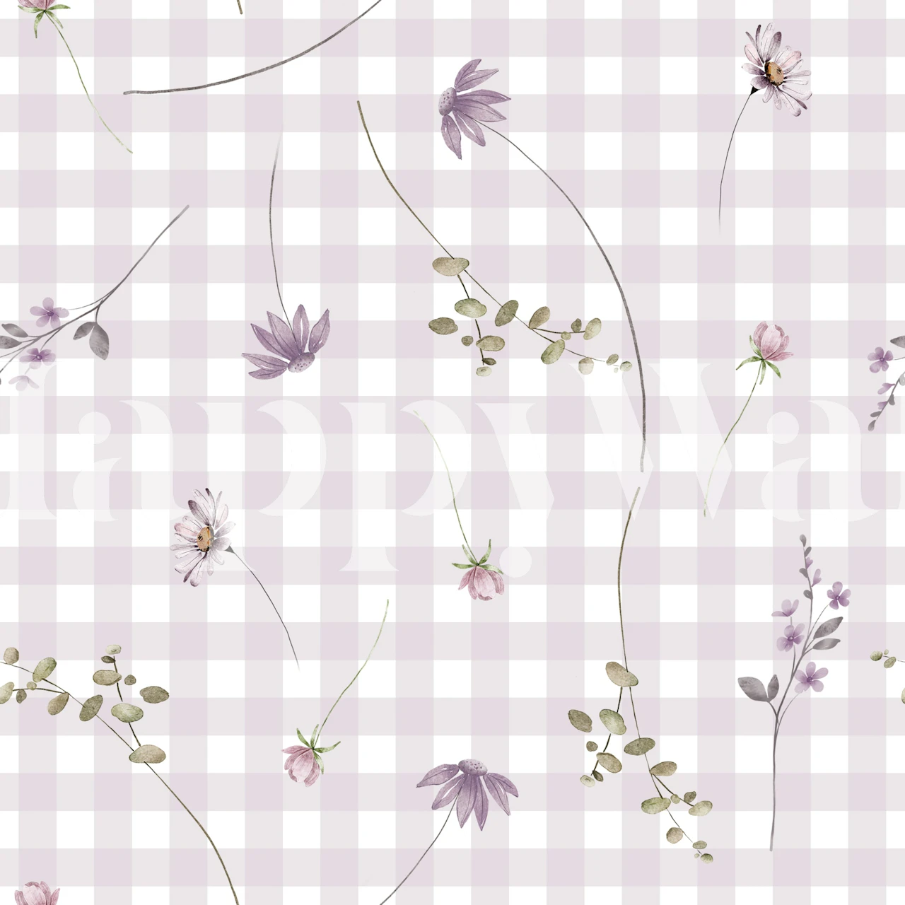 Lavender Gingham Wildflowers tapettisuunnittelu