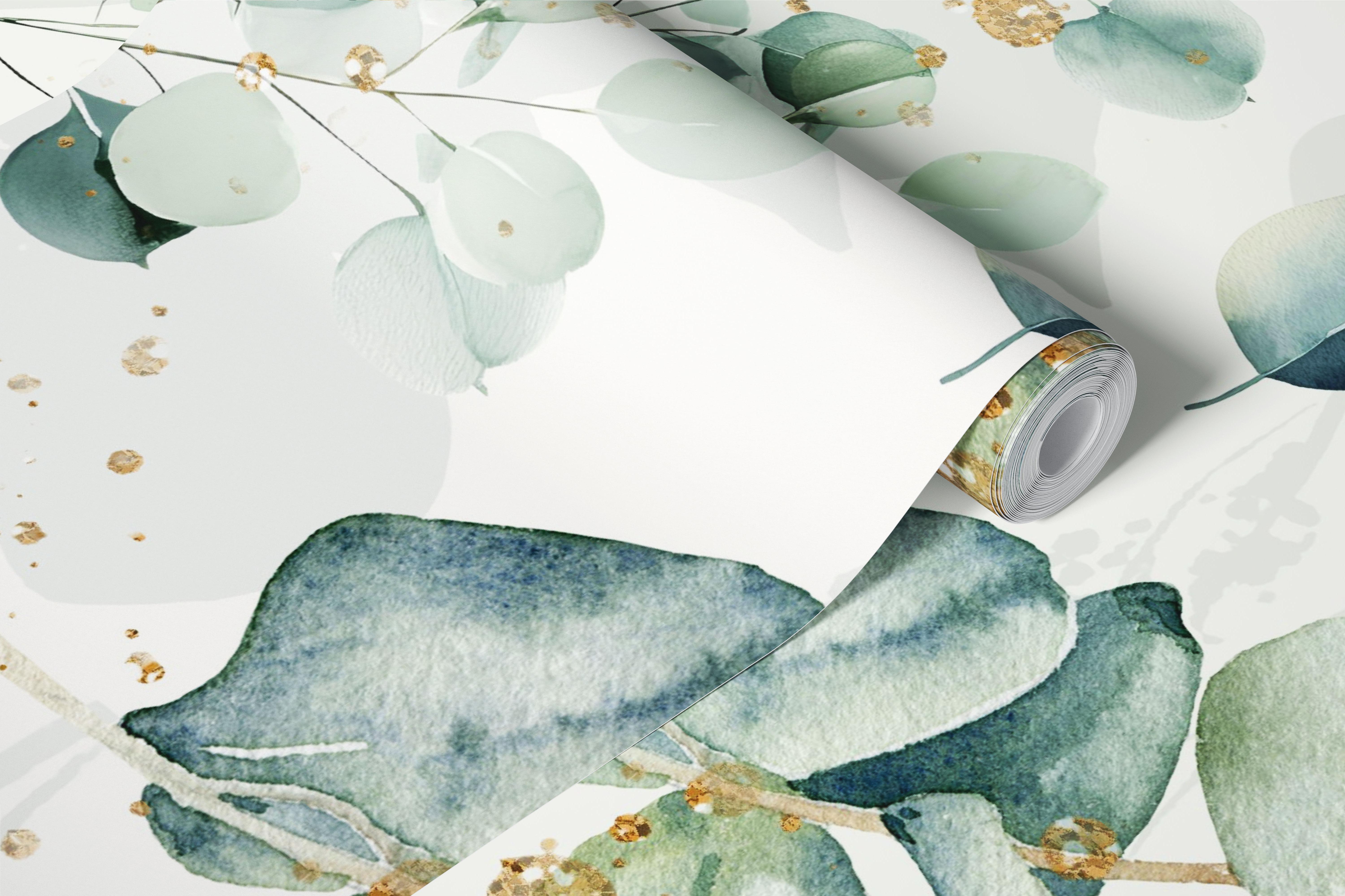 Watercolor eucalyptus leaves wallpaper in a room