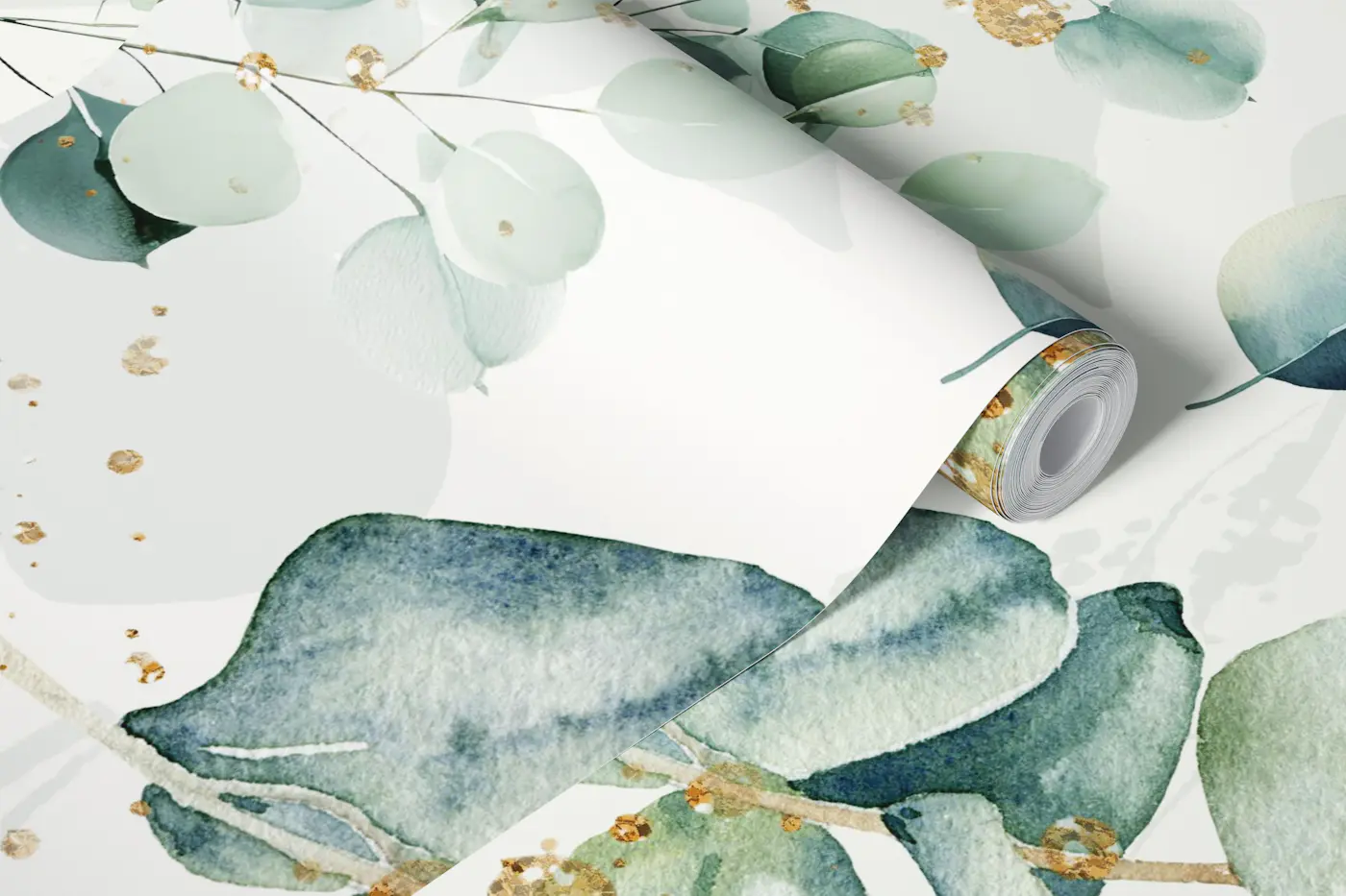 Watercolor Eucalyptus Leaves gold glitter wallpaper roll