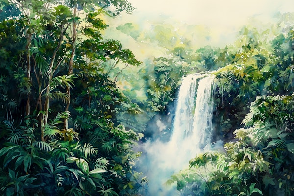 Misty Waterfall In Tropical Forest
