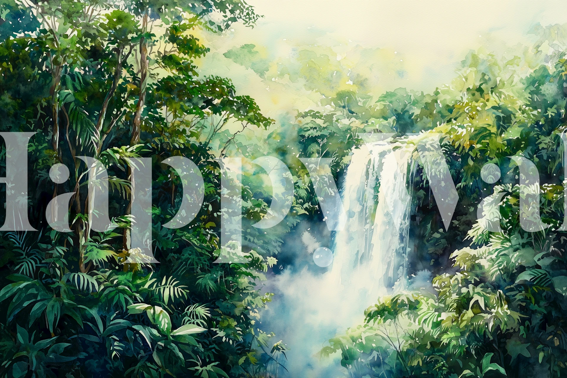 Misty waterfall wallpaper in a tropical setting