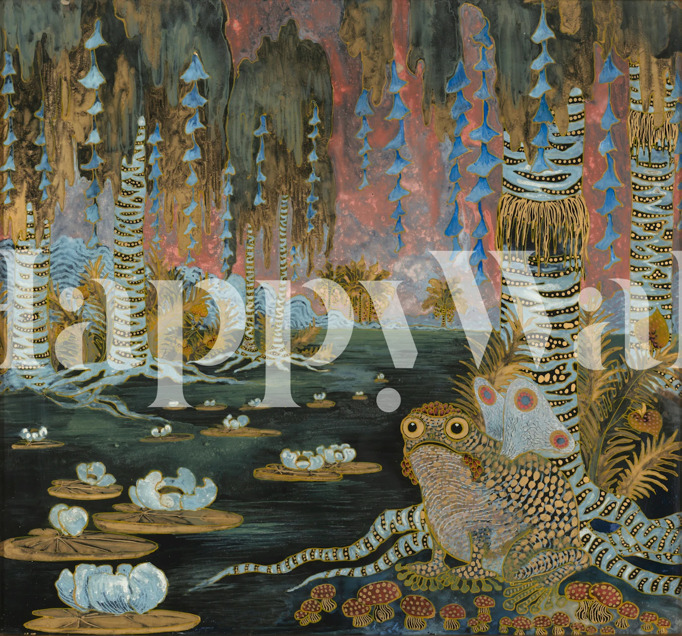 Butterfly wallpaper in a room with forest pond scene