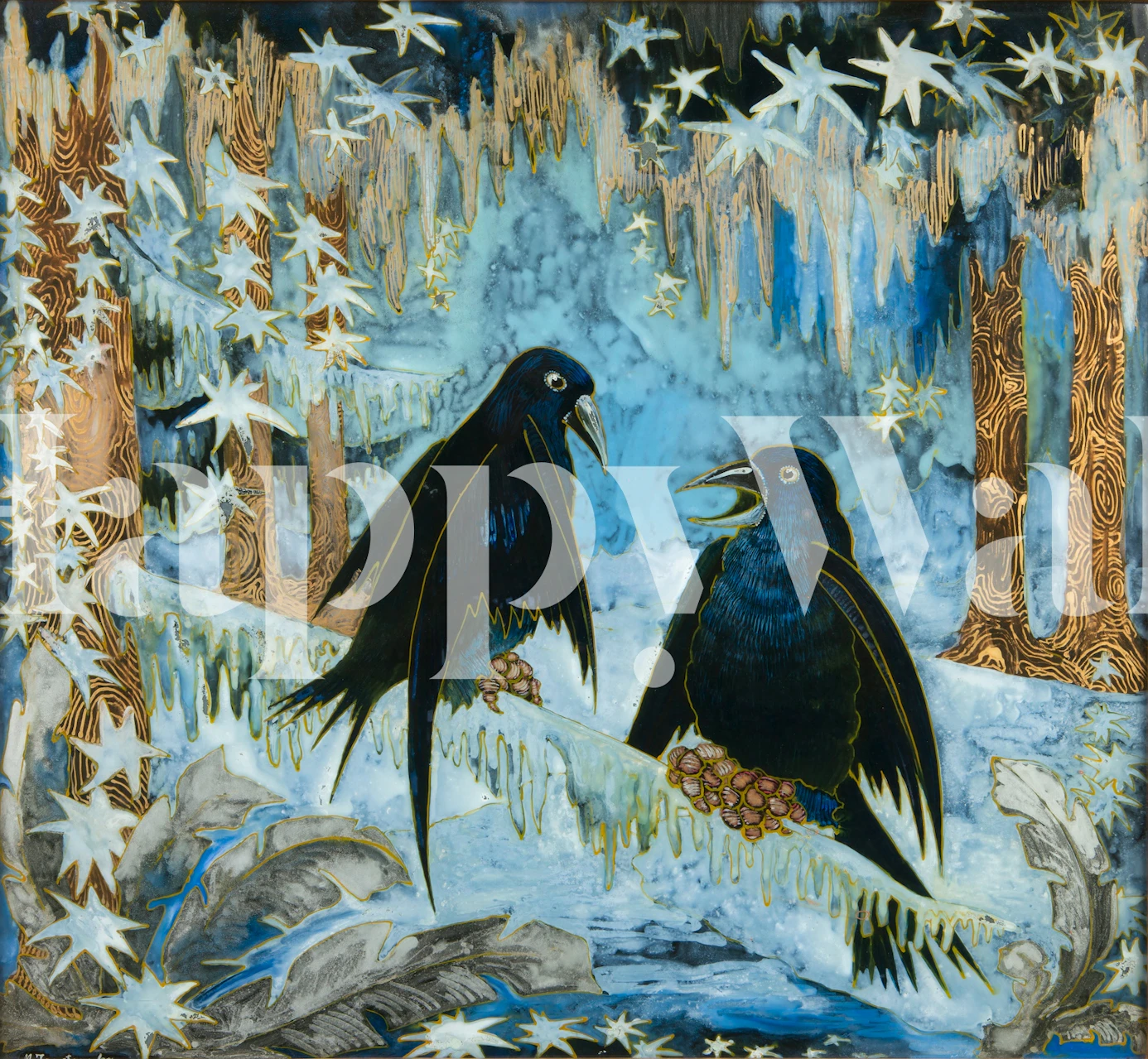 Winter birds wallpaper in a cozy room