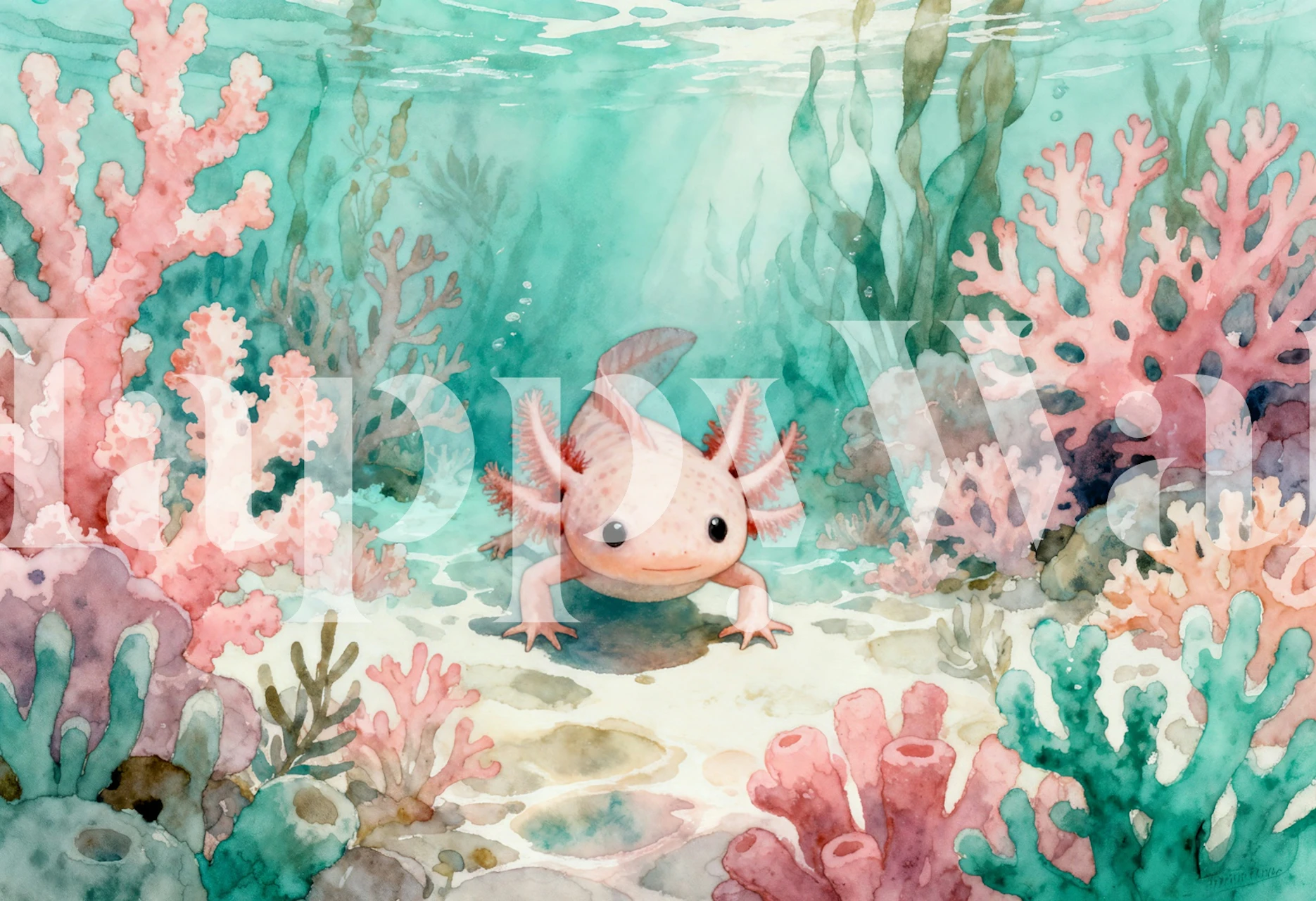 Cute axolotl among coral reef wallpaper