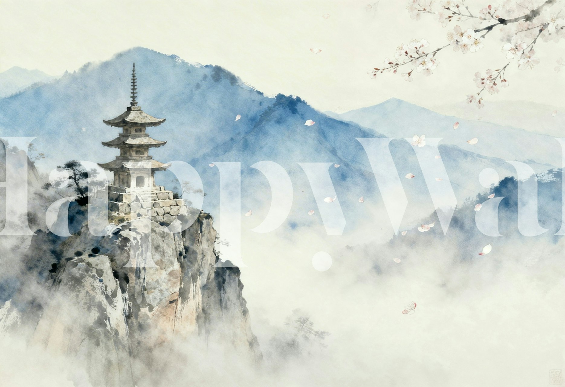 Misty Mountain Pagoda wallpaper in a room