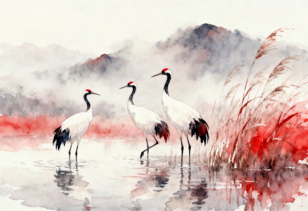 Japanese Style Red Crowned Cranes