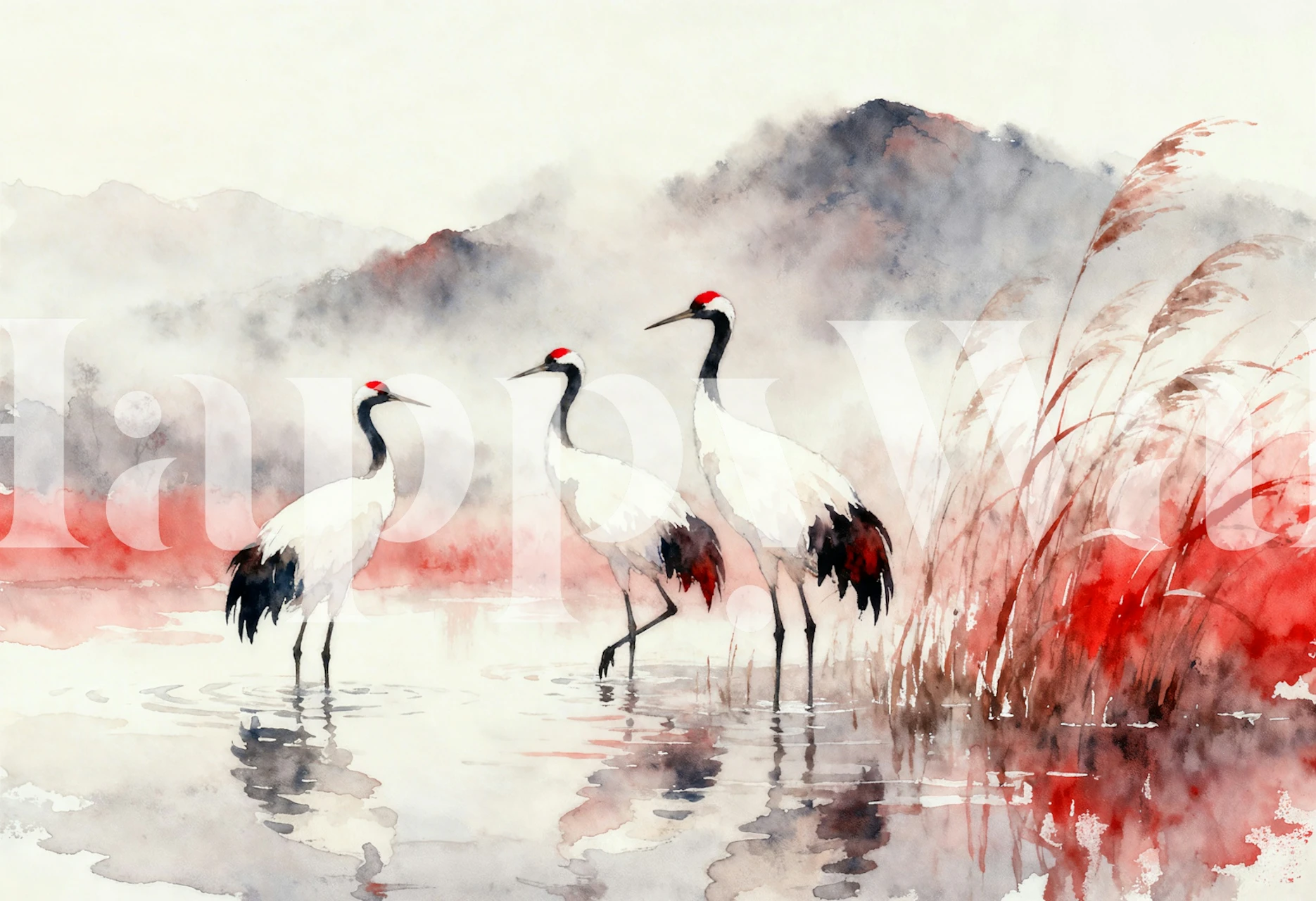 Japanese Style Red Crowned Cranes wallpaper in a room