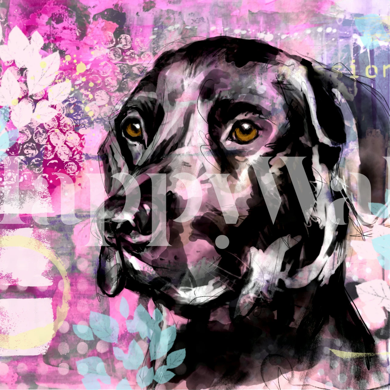 Graffiti style black dog wallpaper in a room