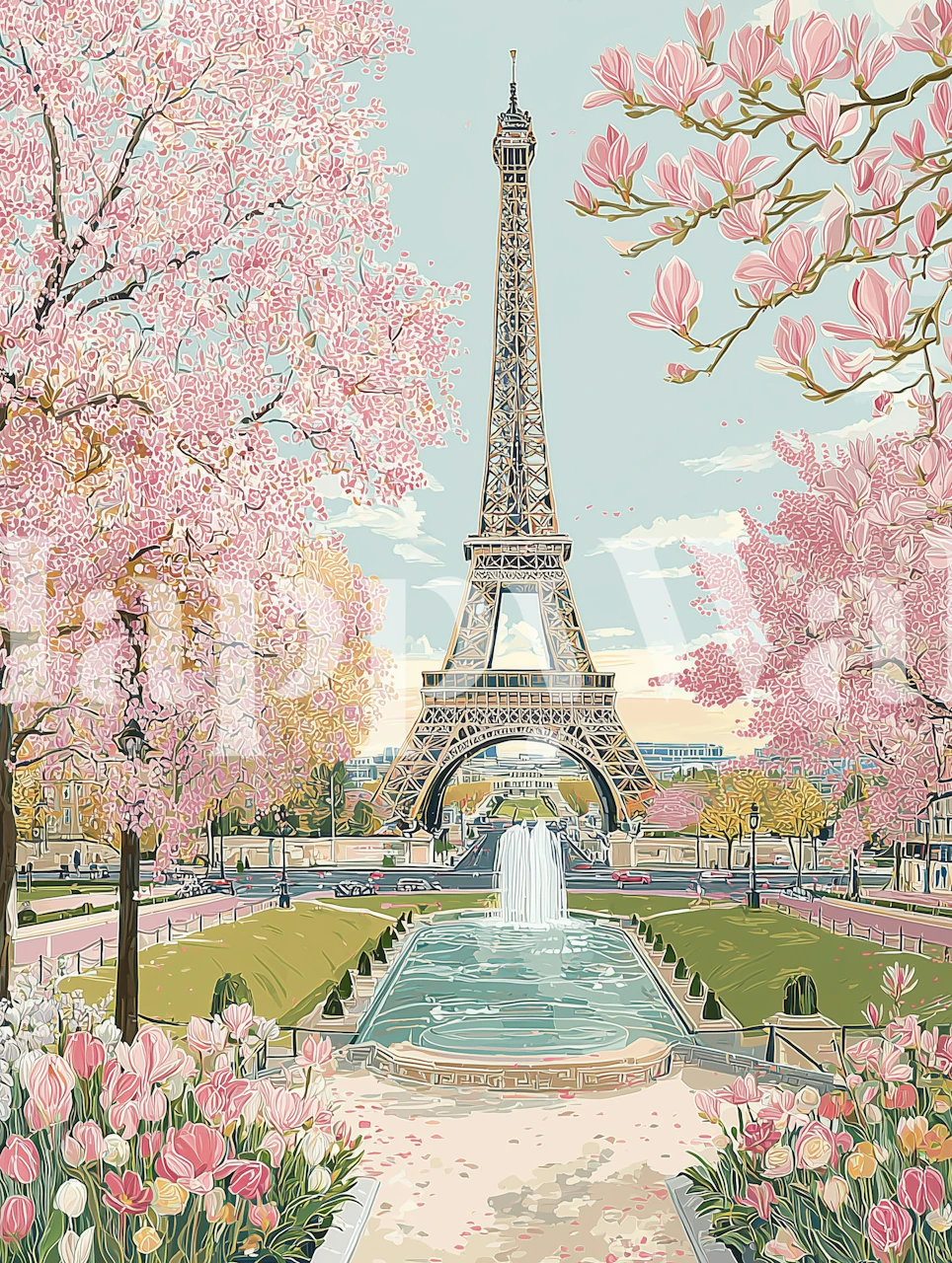 Eiffel Tower surrounded by spring blossoms