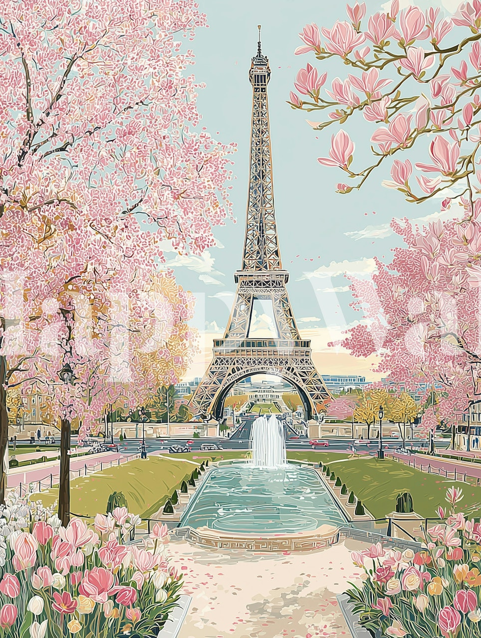 Eiffel Tower surrounded by spring blossoms