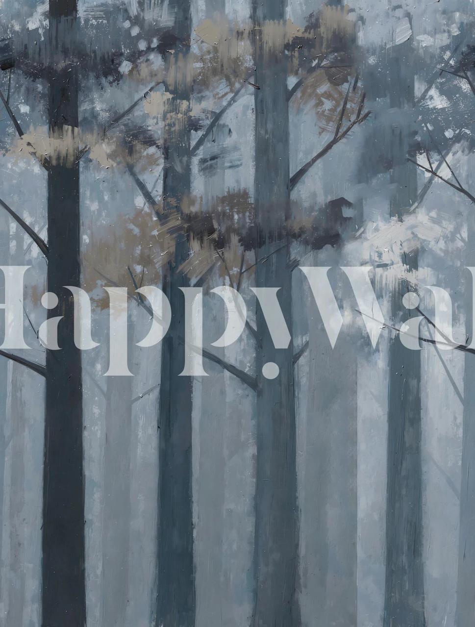 Misty blue forest wallpaper in a room