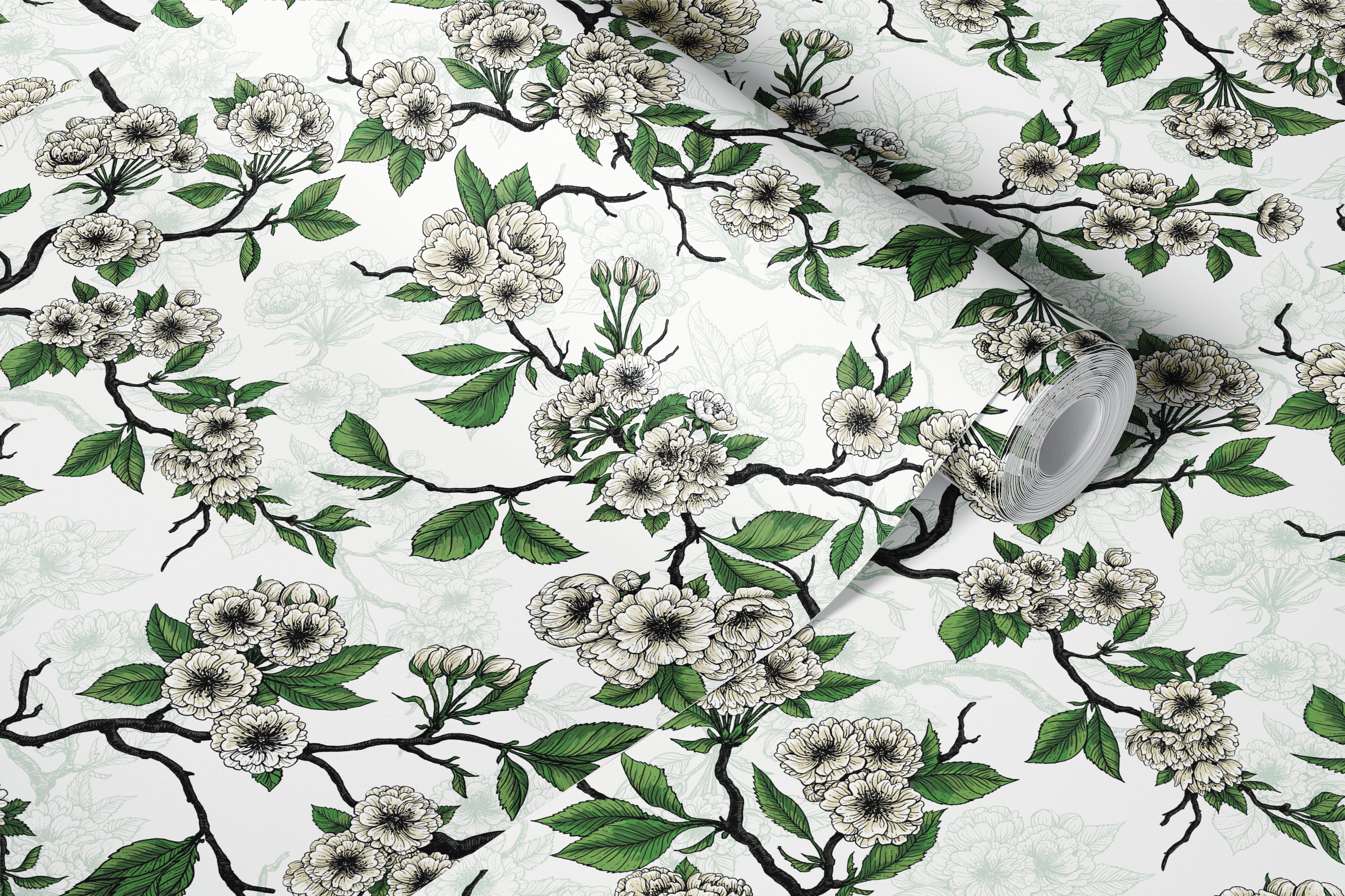 Cherry blossom wallpaper in a room setting