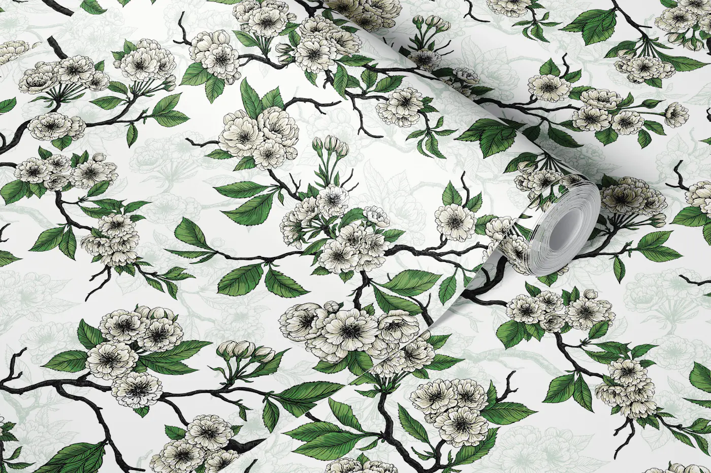 Cherry blossom on white wallpaper roll