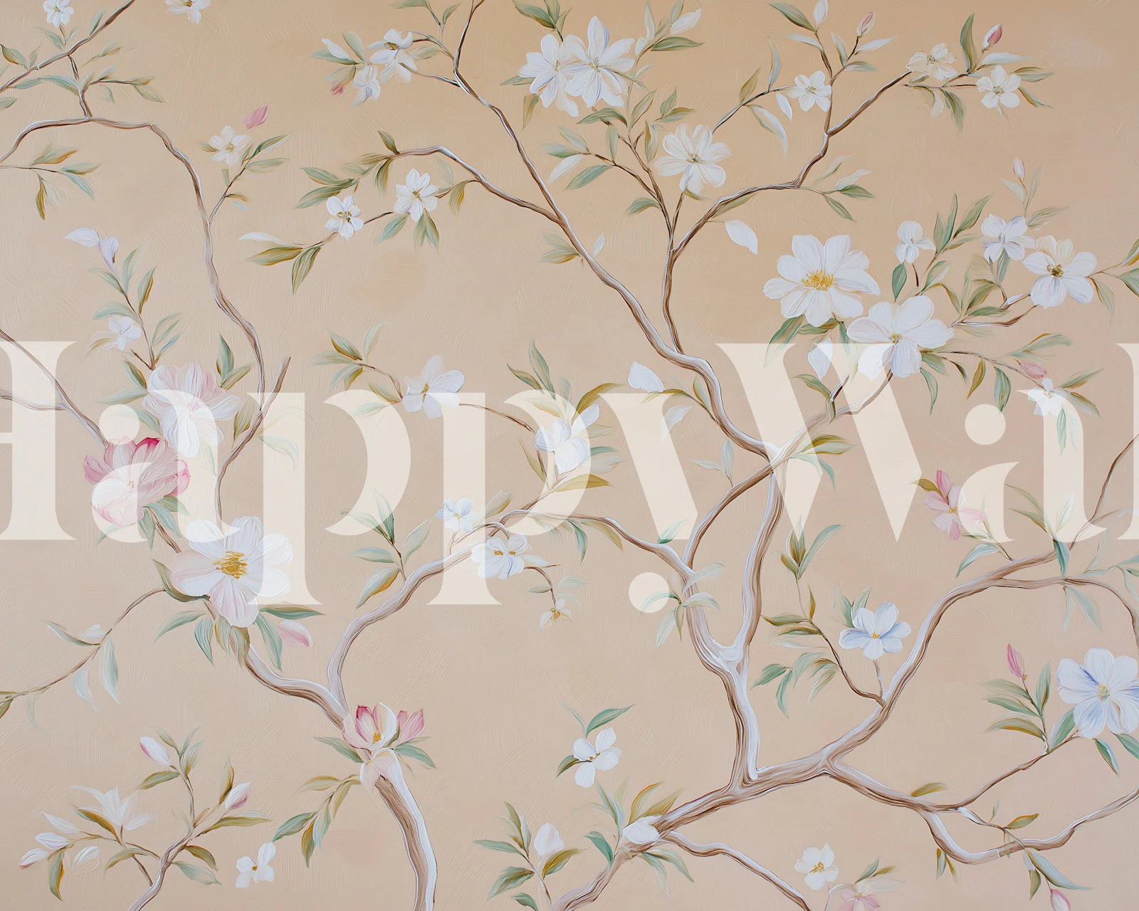 Soft peach blossom branches wallpaper in a room