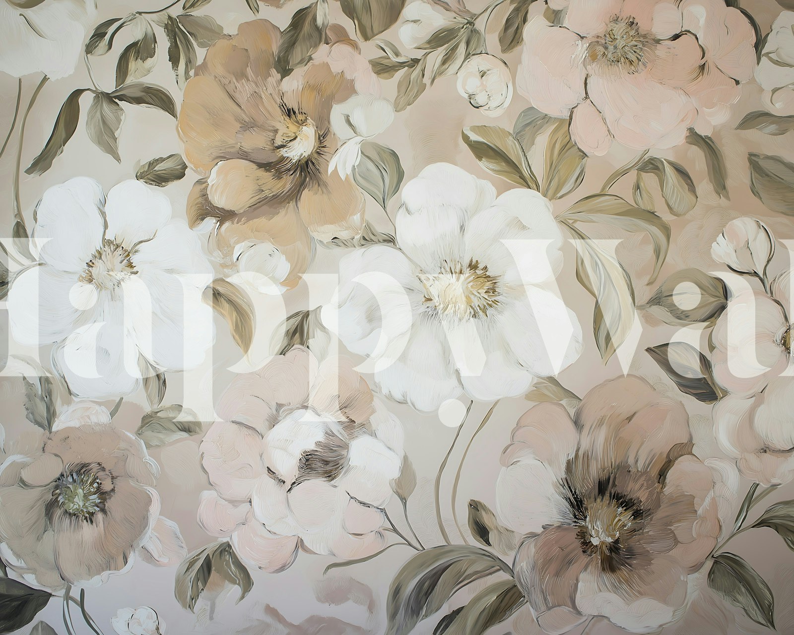 Blush beige botanical blooms wallpaper in a room