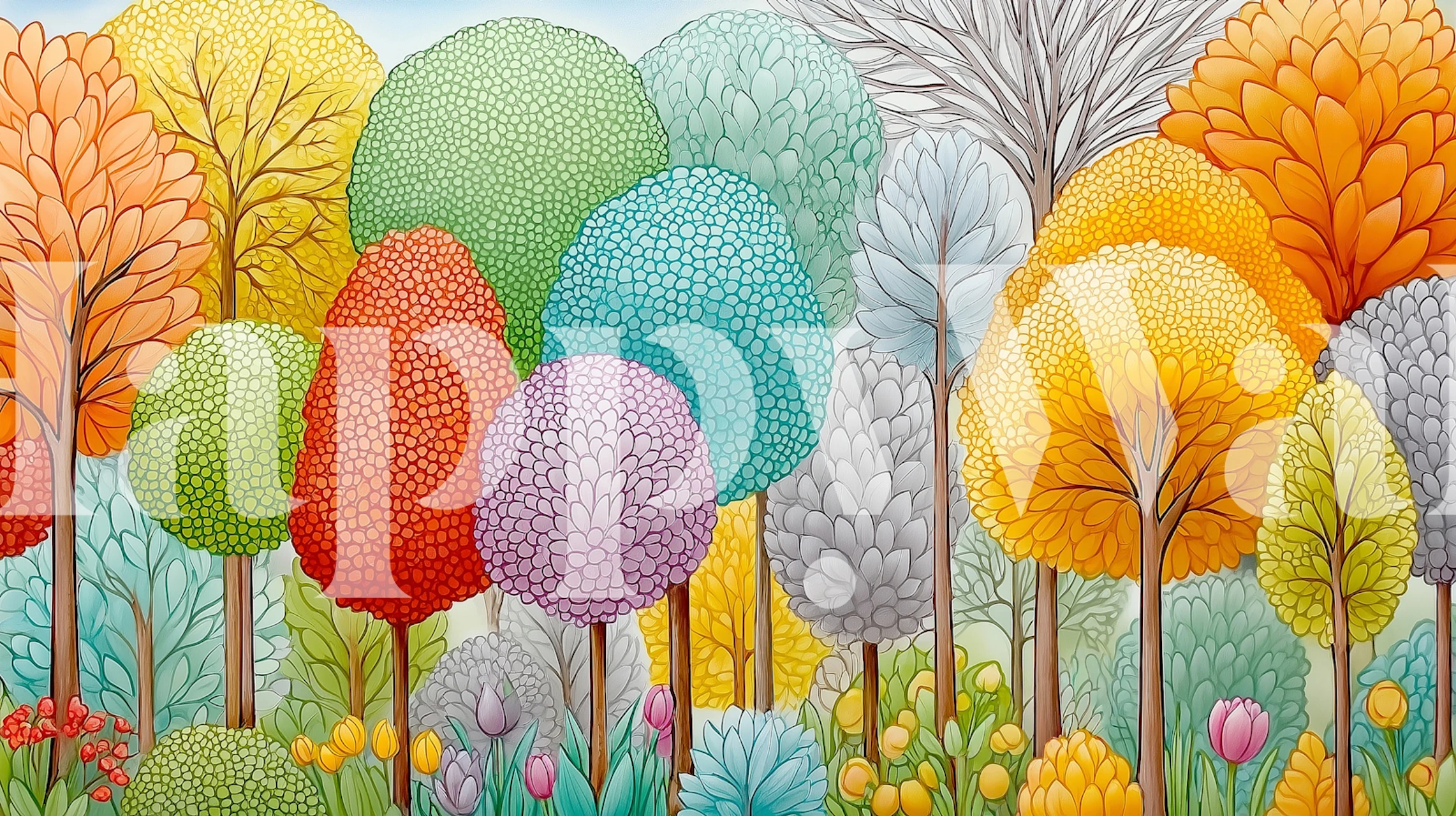 Whimsical colorful forest wallpaper in a room