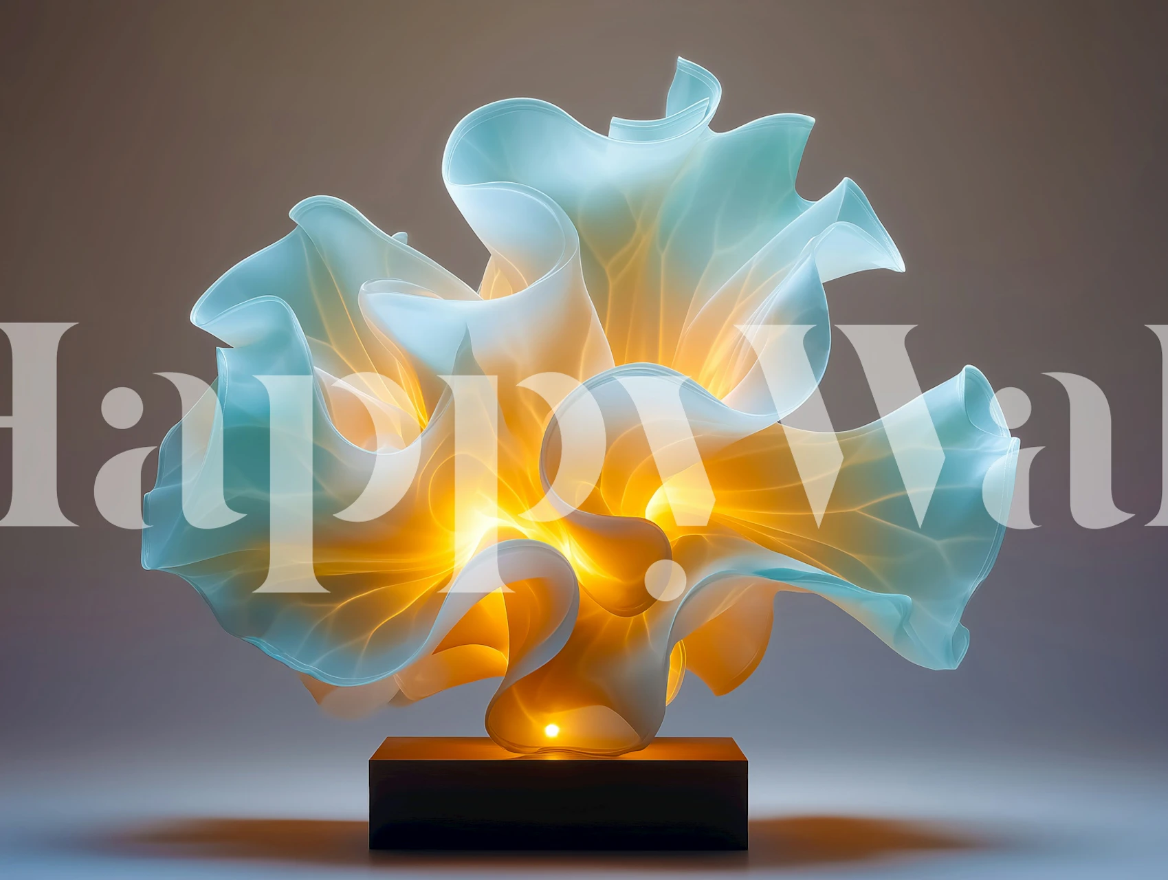 Gloeiende glassculptuur behang in een kamer