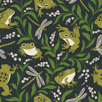 Frogs and Dragonflies Dark Botanical - Green tapet