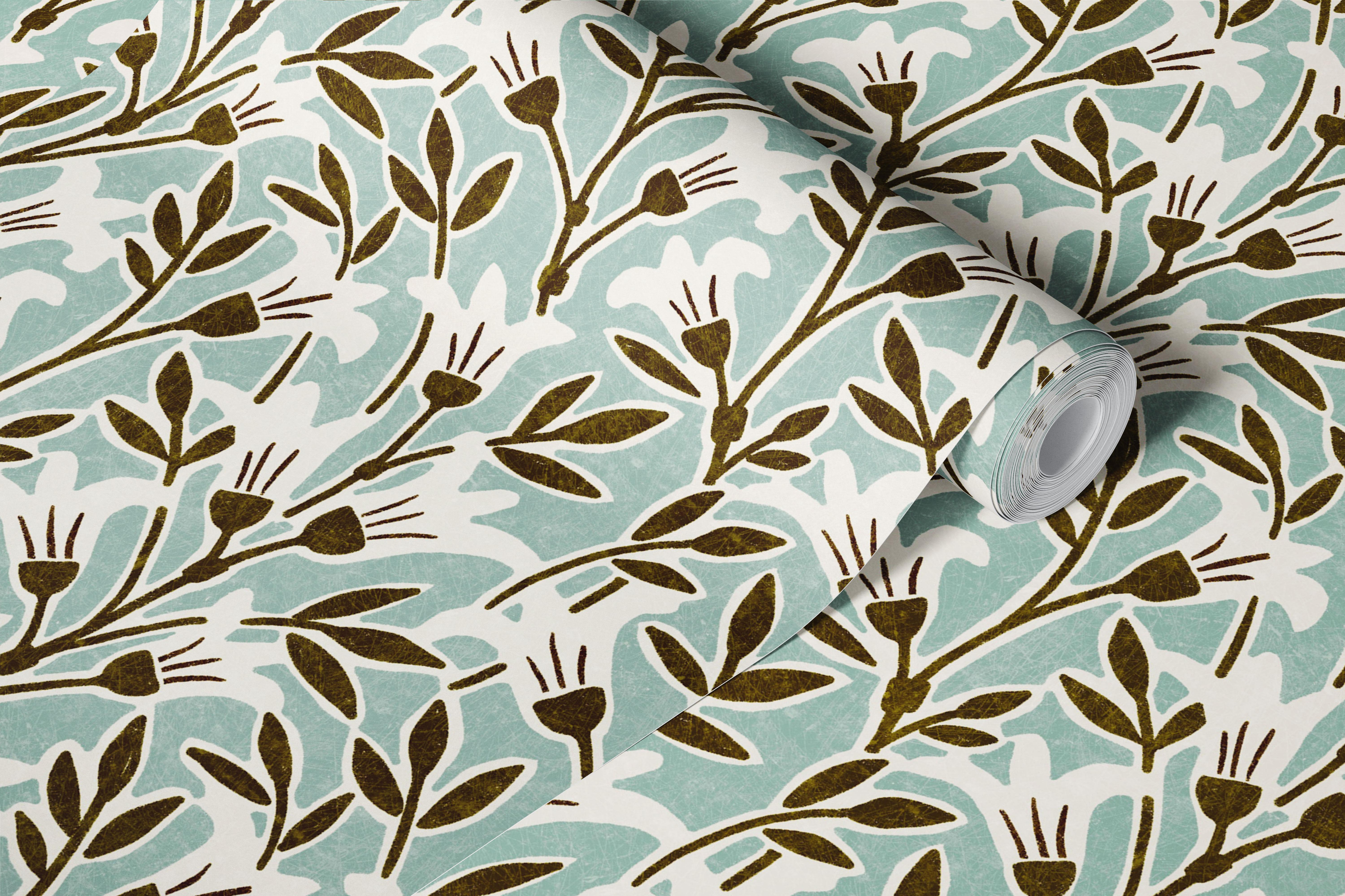 Mirabel - plava i smeđa cvjetna tapeta u sobi