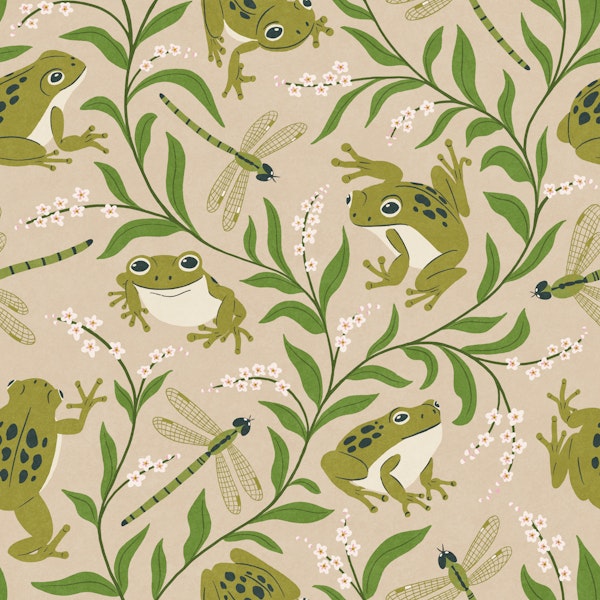 Frogs and Dragonflies Pond Botanical - Beige