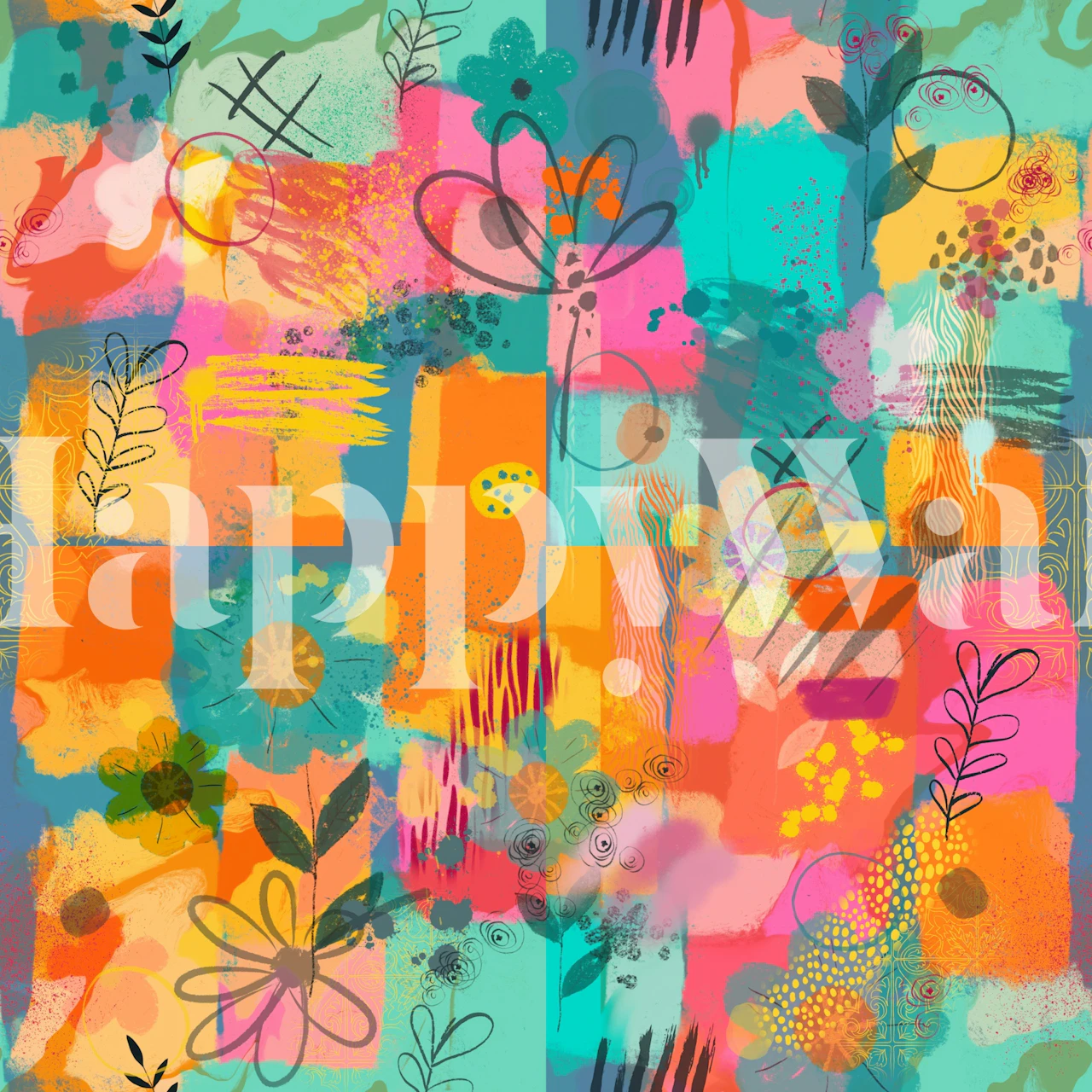 Craft Maximalism Abstract Floral Teal wallpaper in a room