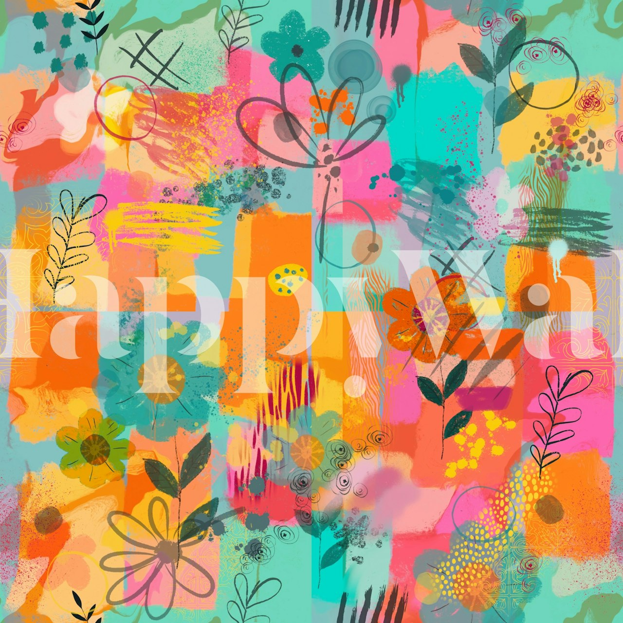 Colorful abstract floral wallpaper in a room