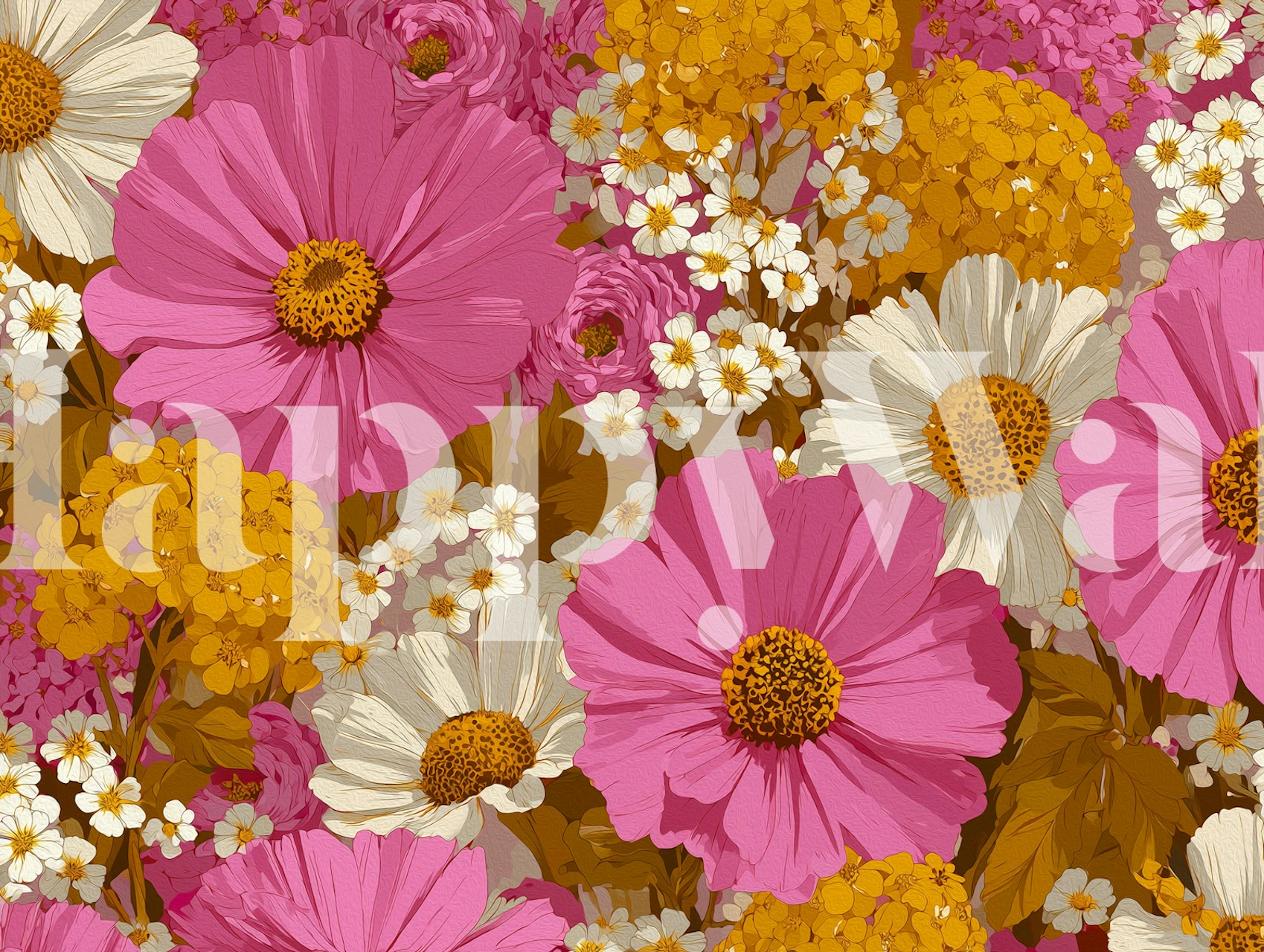 Pink Cosmos and Daisy Garden wallpaper in a room