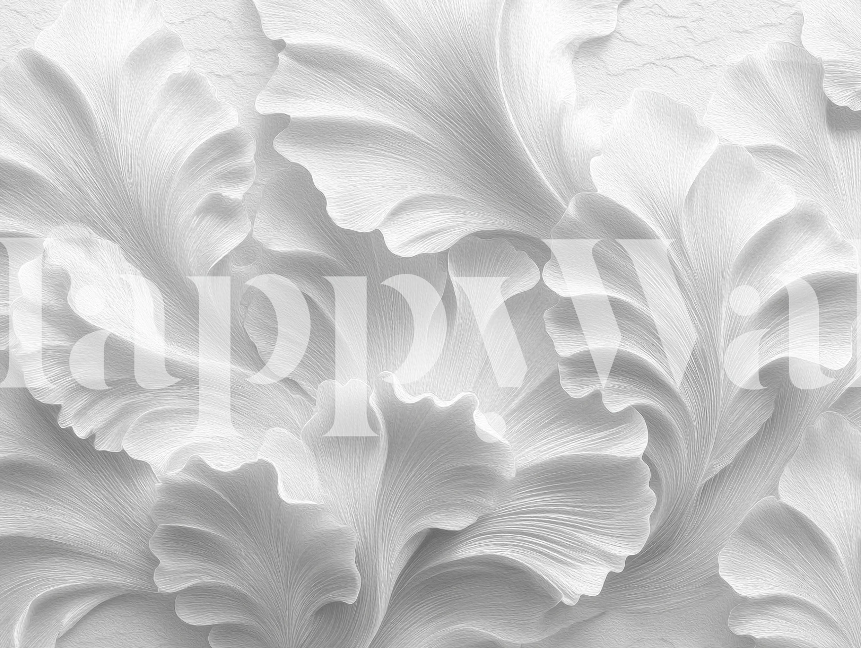 Soft white textured floral relief wallpaper displayed