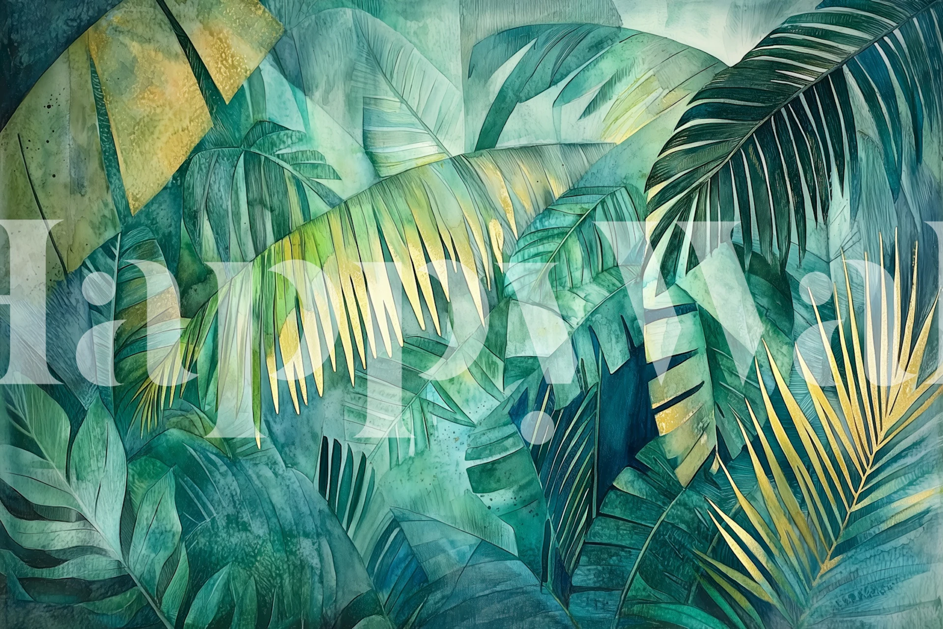 Lush Rainforest Leaves Green Blue wallpaper in a room