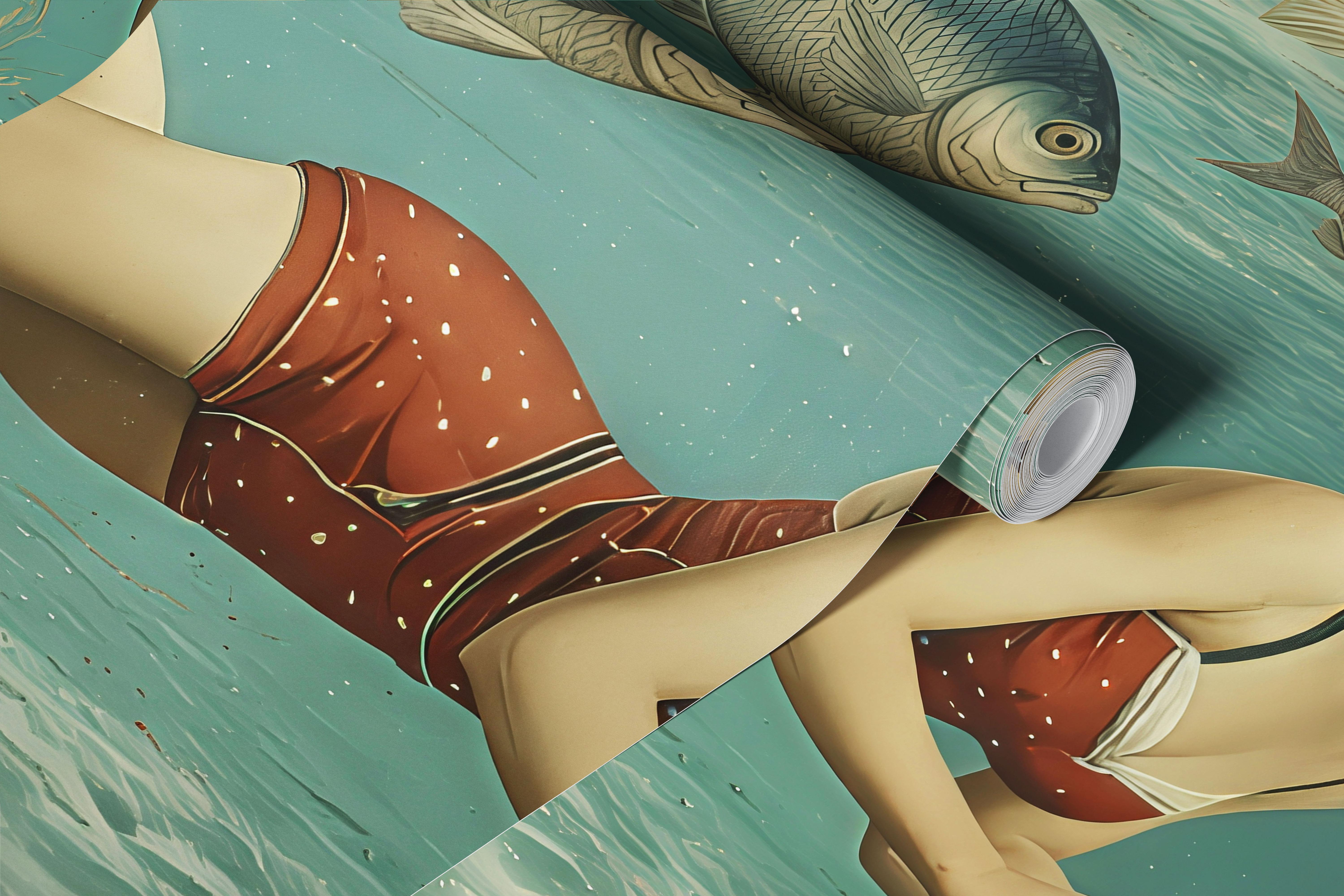 Vintage underwater swimmer wallpaper design