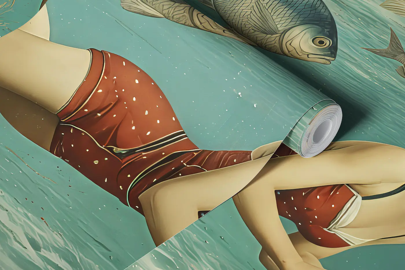 Vintage Underwater Swimmer wallpaper roll