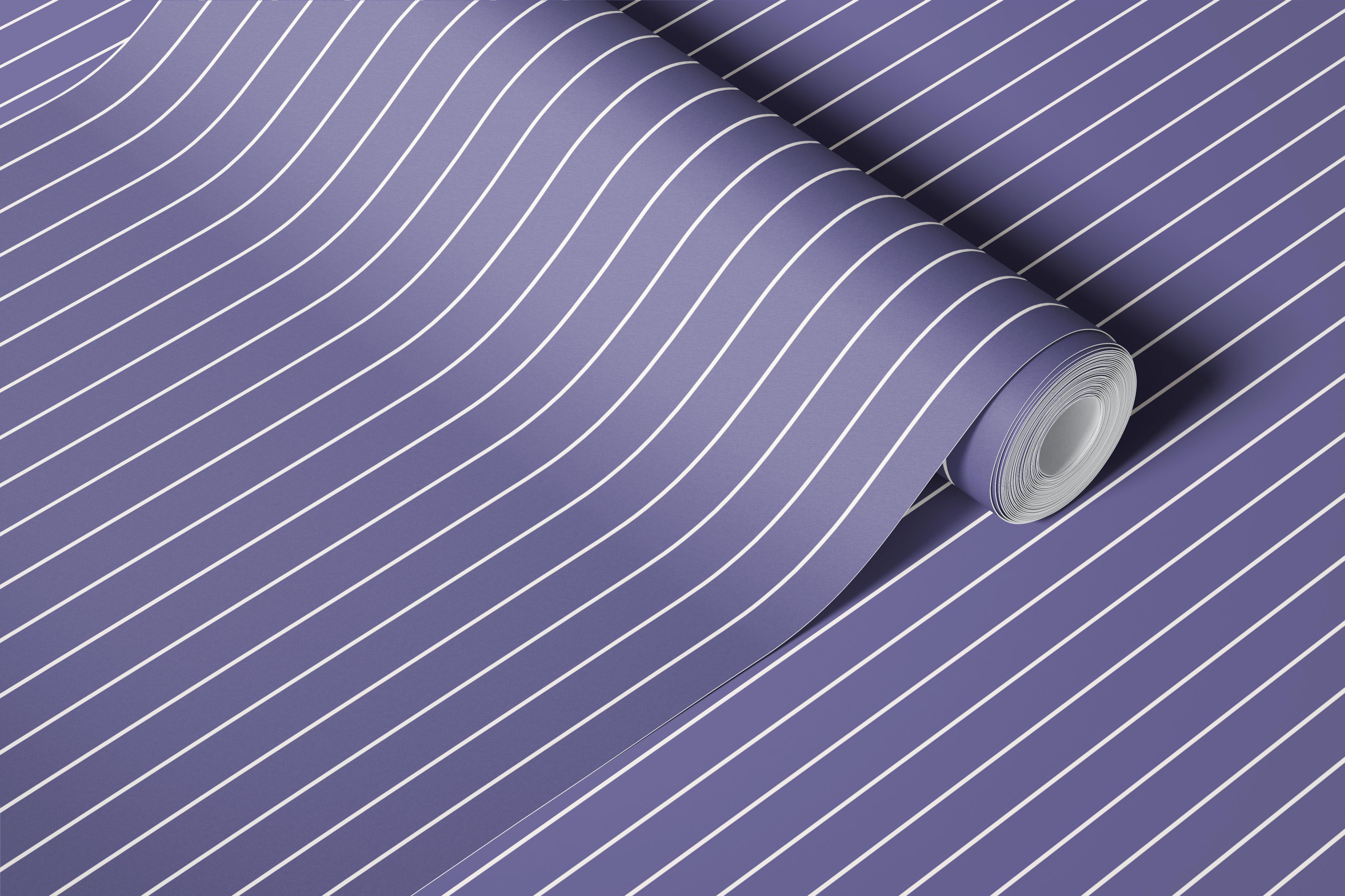 Pinstriped wallpaper in warm ivory on midnight violet