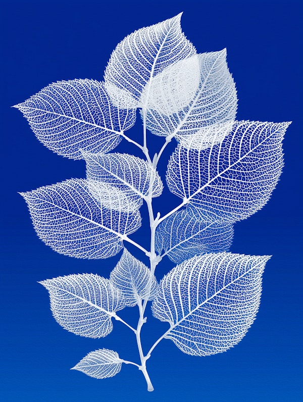 White Botanical Leaves on Blue