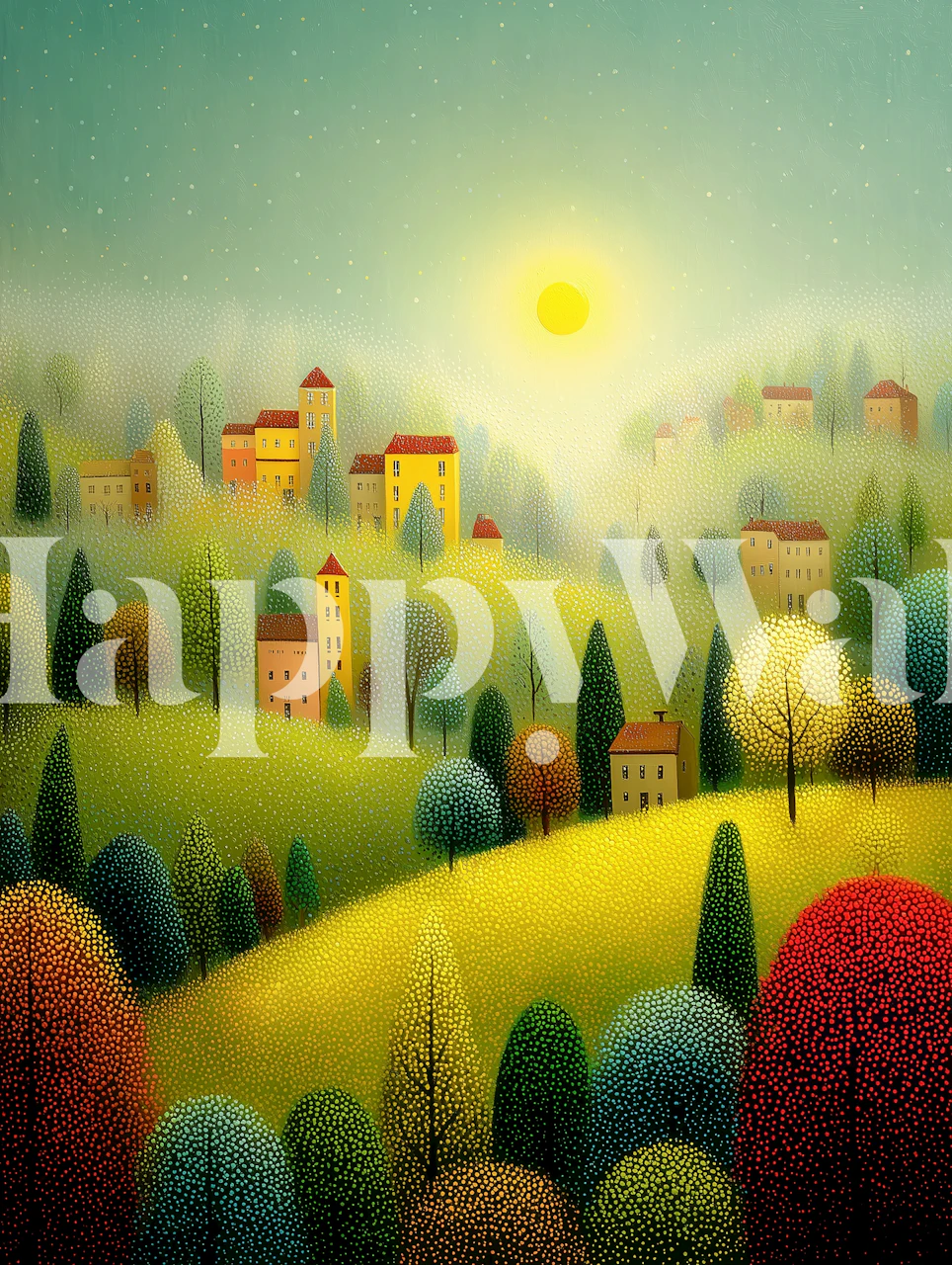 Sunlit Hillside Village tapéta egy szobában