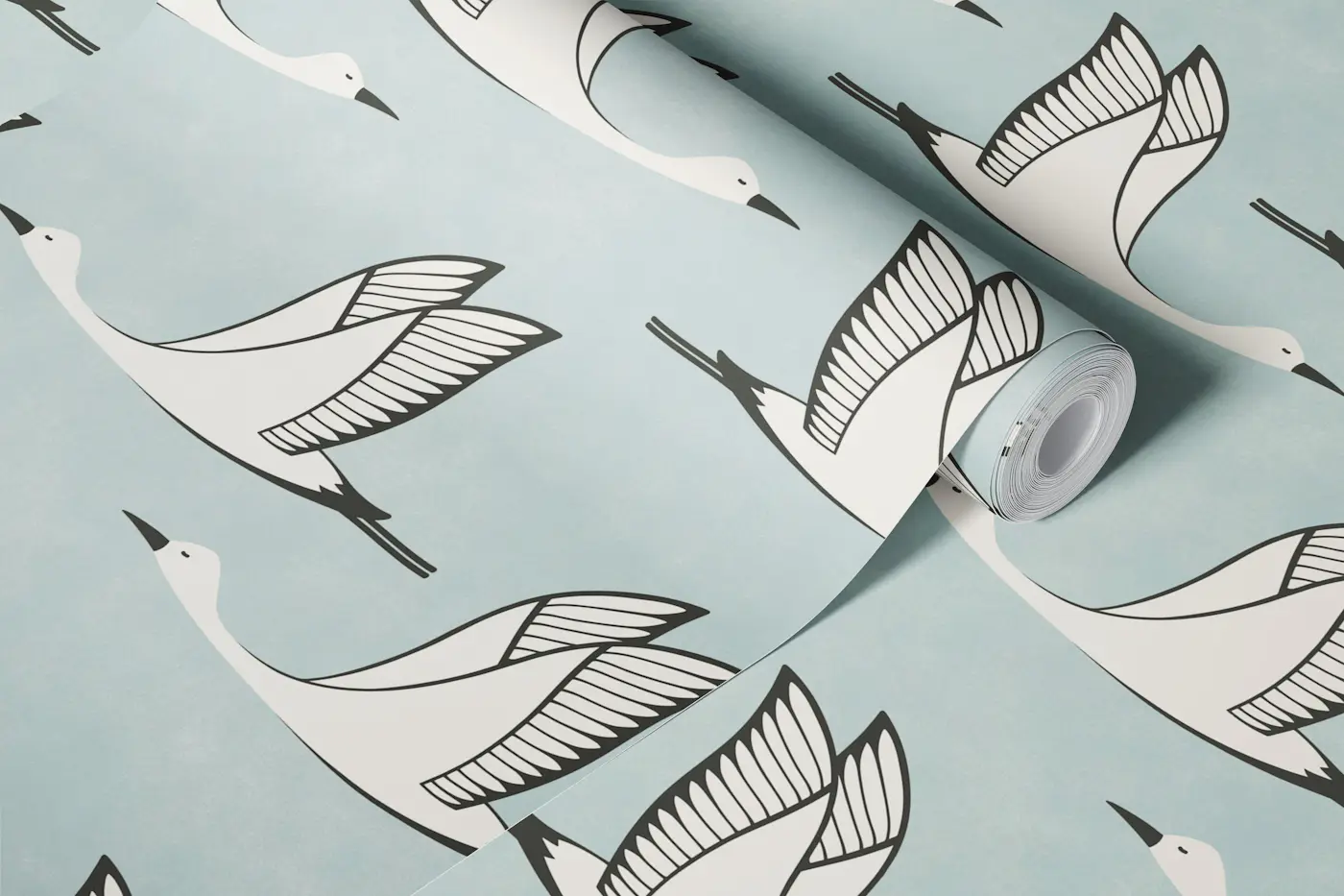 Flying birds - mint background wallpaper roll