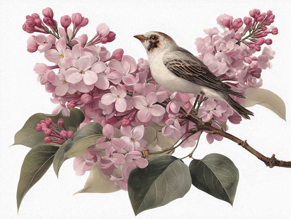 Bird on Pink Lilac Blossoms