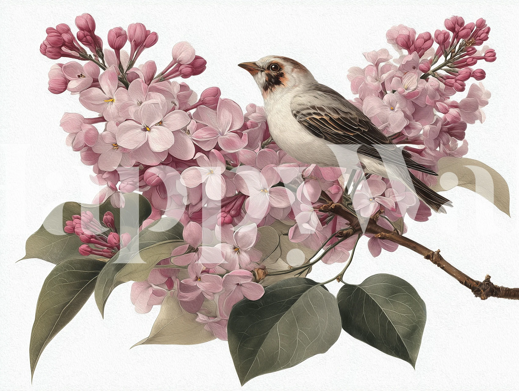 Bird on pink lilac blossoms wallpaper in a room