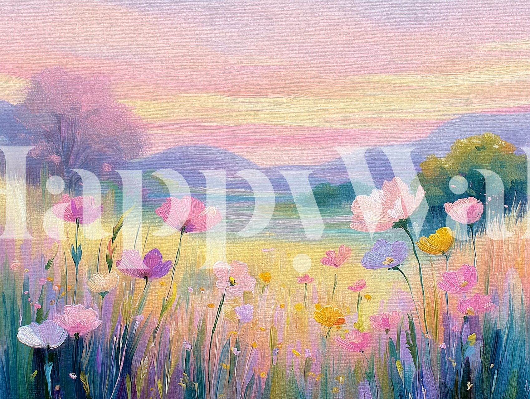 Pastel wildflower meadow sunset wallpaper in a room