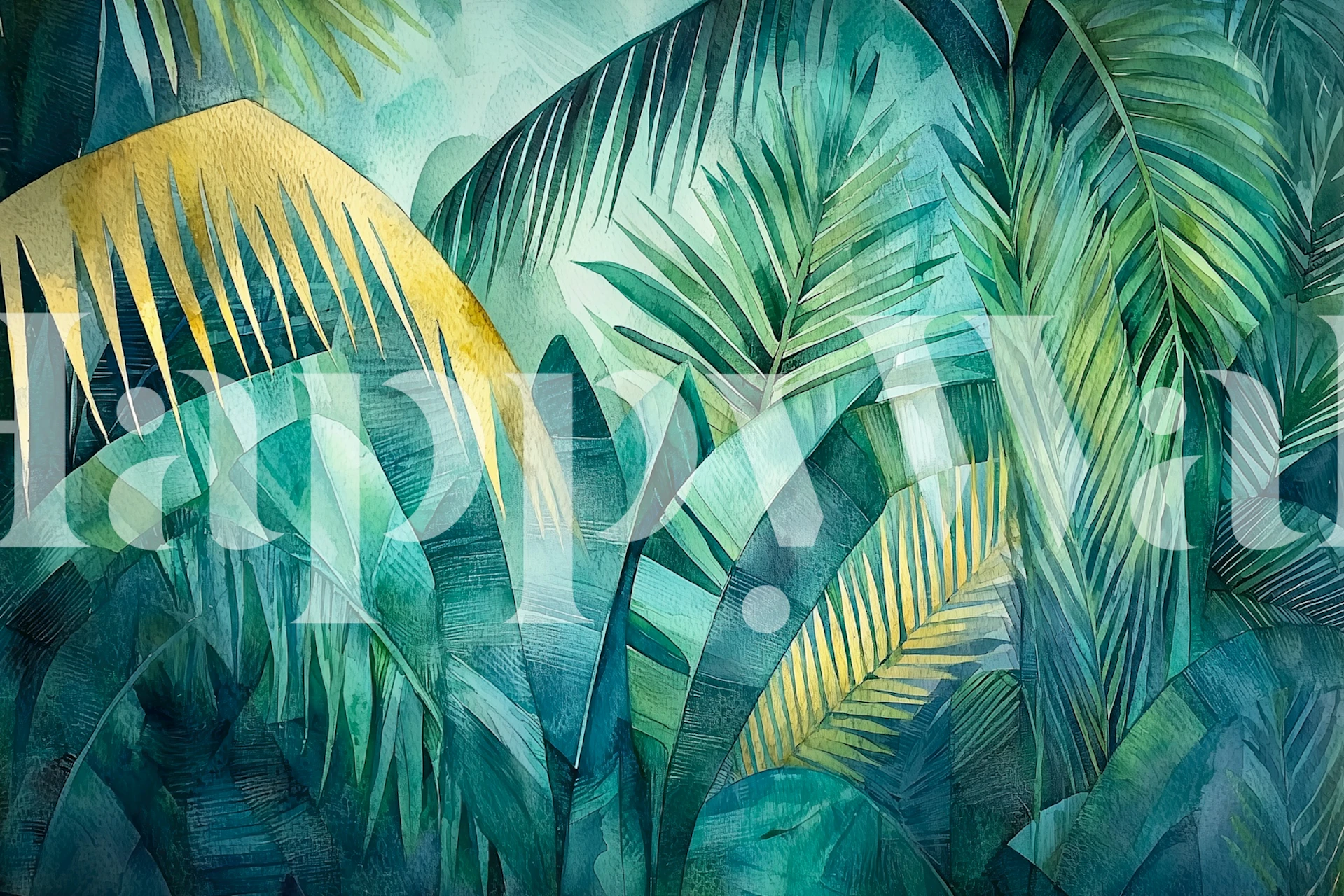 Rainforest leaves wallpaper design in blue green
