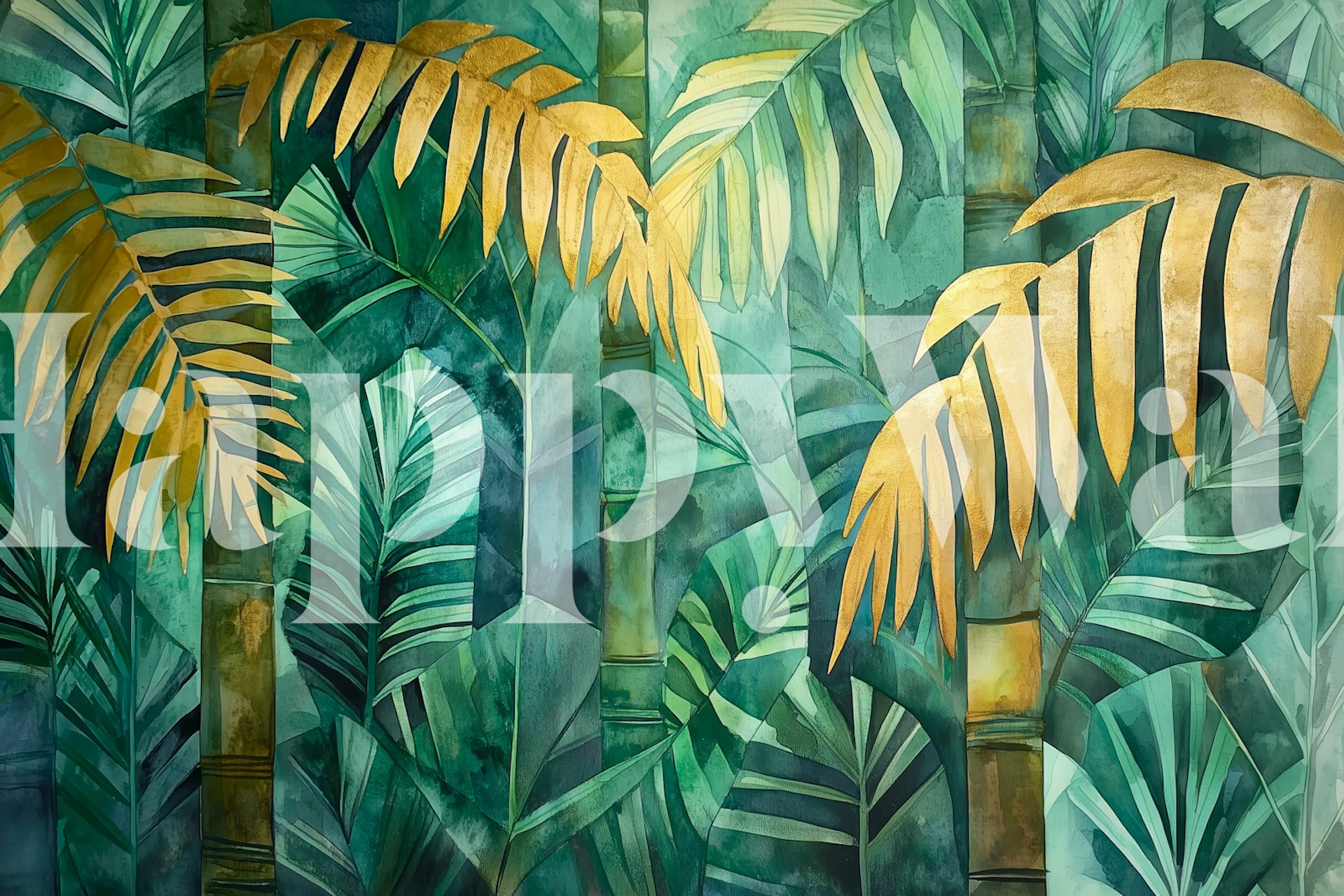 Golden palm leaves wallpaper in a room