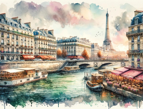 Paris River Scene with Eiffel Tower