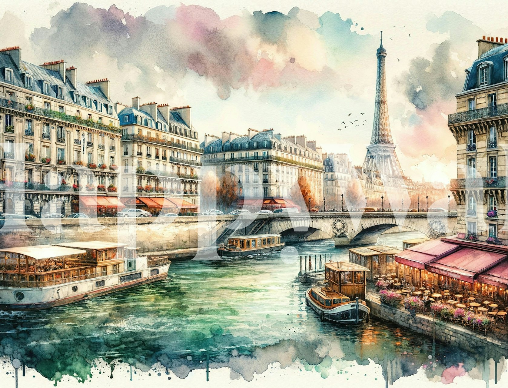 Escena del río de París con Torre Eiffel papel pintado